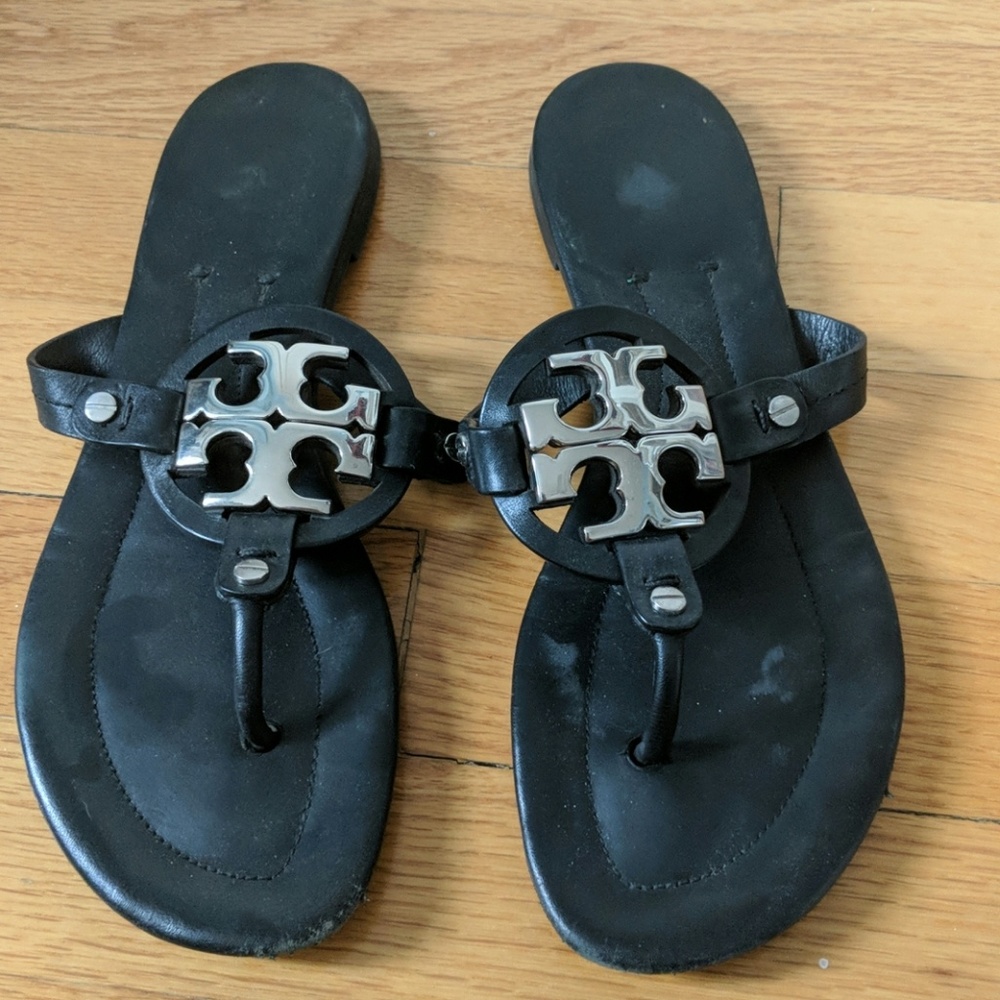 Tory Burch black and silver logo sandals